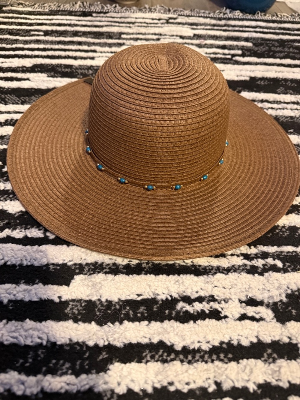 Brown Wide-Brim Straw Sun Hat with Turquoise Bead Trim